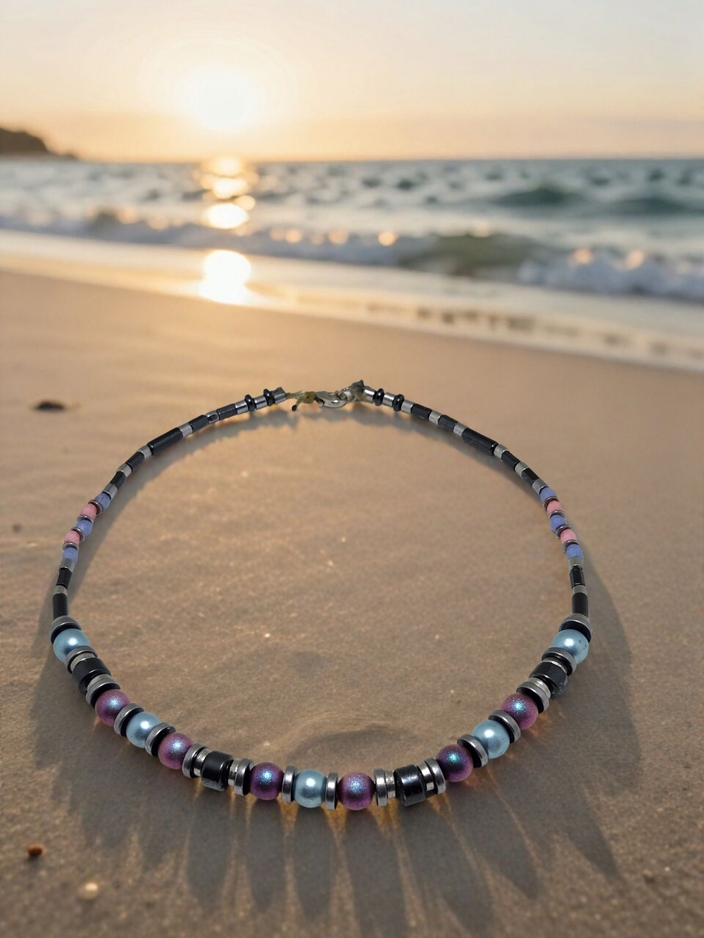 Handcrafted Beaded Choker Necklace in Black, Purple & Light Blue